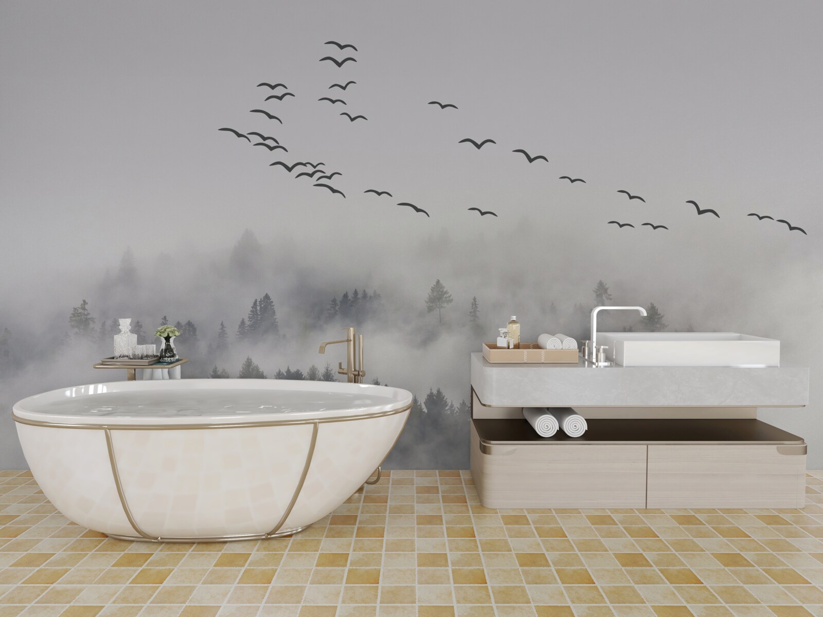 Fototapeta skupina vtákov vyletí z hmly a snaží sa nájsť útulné, teplé krajiny