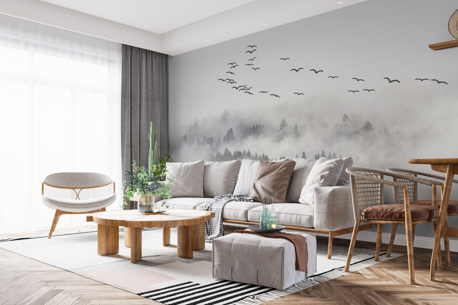 Fototapeta skupina vtákov vyletí z hmly a snaží sa nájsť útulné, teplé krajiny