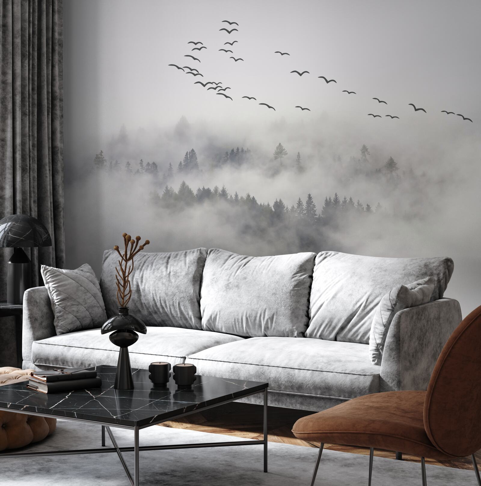 Fototapeta skupina vtákov vyletí z hmly a snaží sa nájsť útulné, teplé krajiny