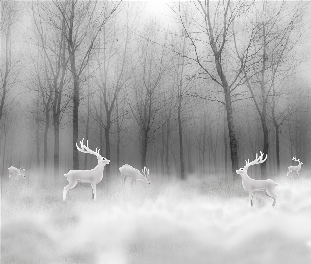 Fototapeta v hmlistom lese sa potuluje skupina jeleňov