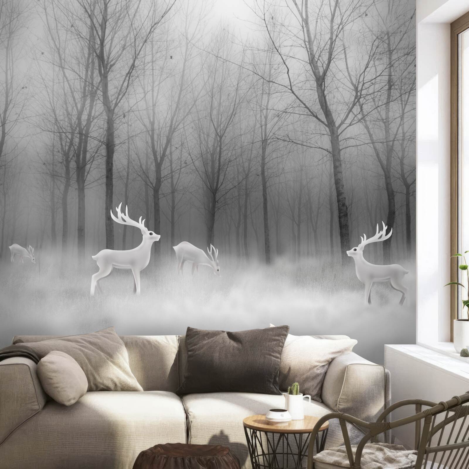Fototapeta v hmlistom lese sa potuluje skupina jeleňov
