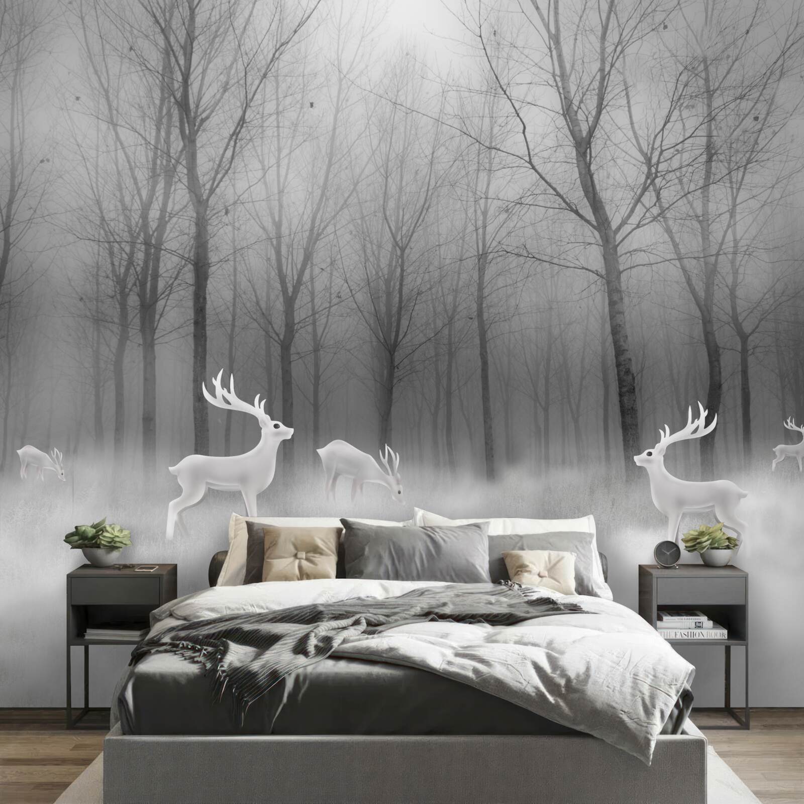 Fototapeta v hmlistom lese sa potuluje skupina jeleňov