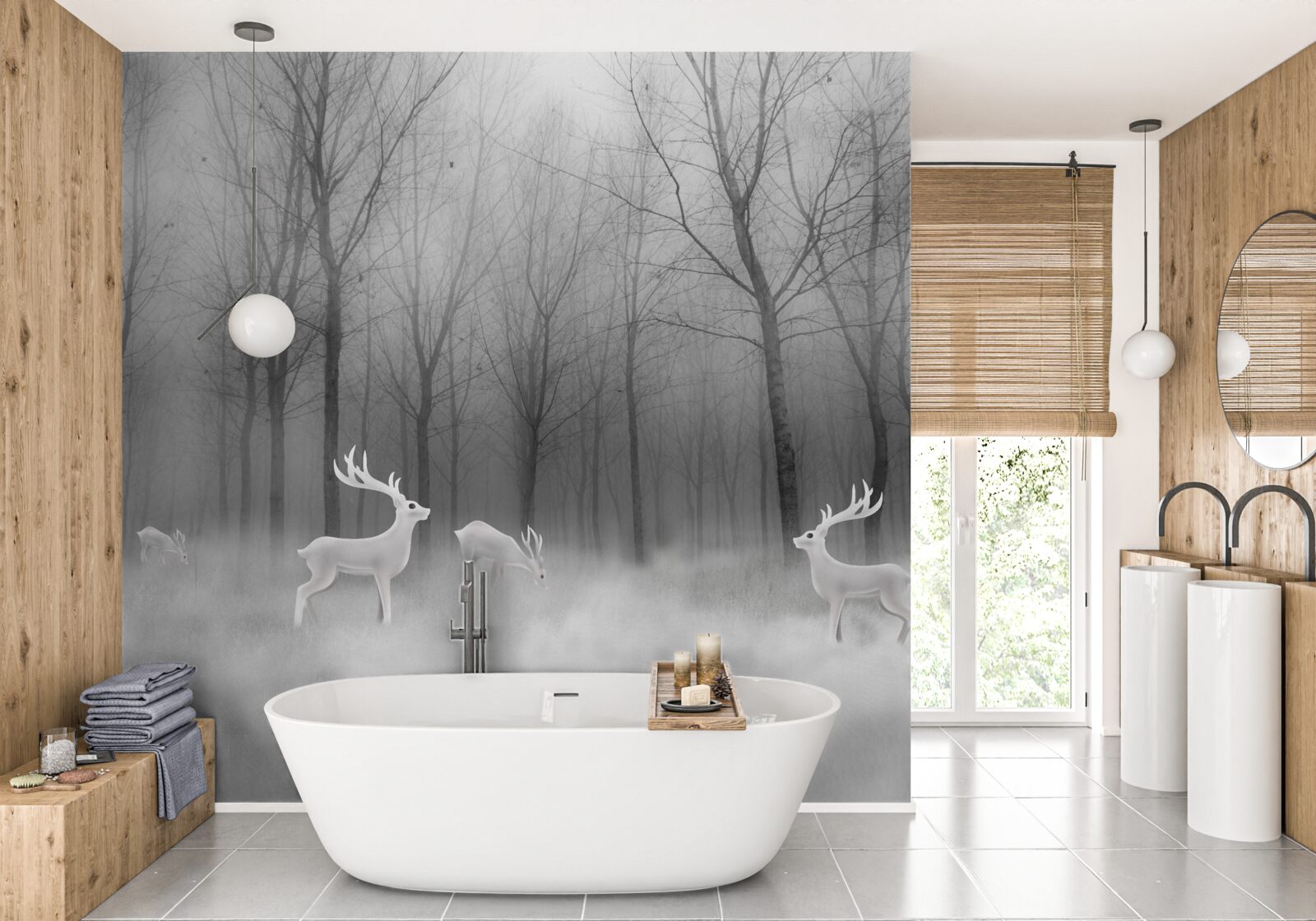 Fototapeta v hmlistom lese sa potuluje skupina jeleňov