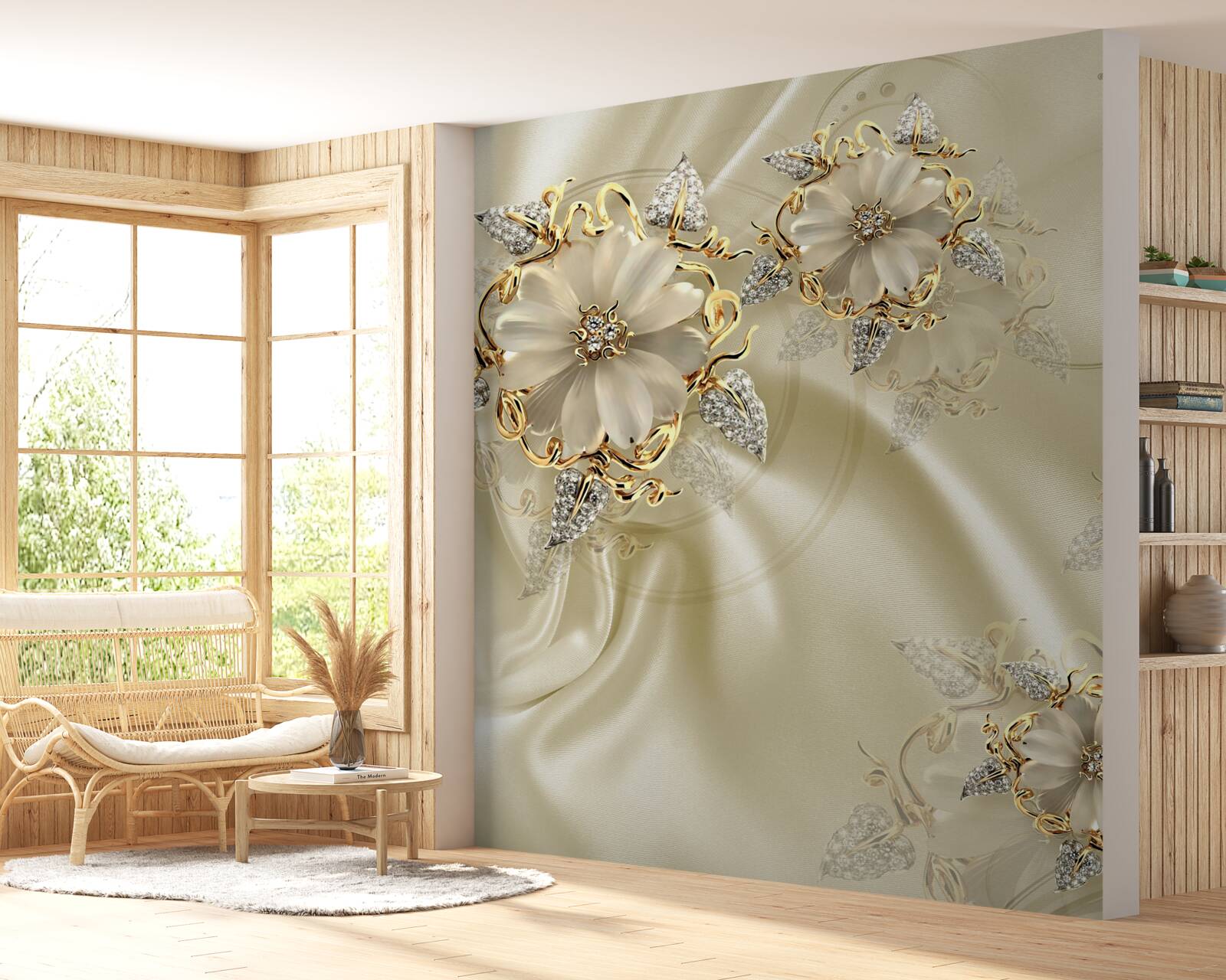 Fototapeta manžetový gombík v tvare kvetu s okvetnými lístkami na béžovej hodvábnej látke