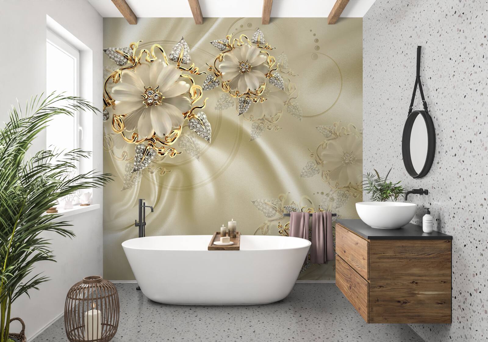 Fototapeta manžetový gombík v tvare kvetu s okvetnými lístkami na béžovej hodvábnej látke