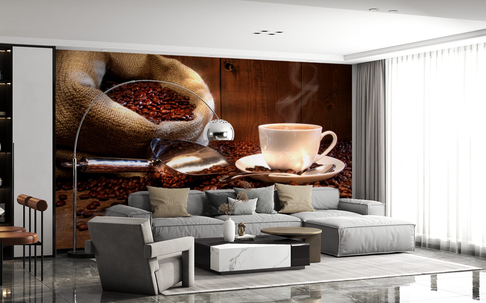 Fototapeta kávové zrná pod šálkou aromatickej kávy