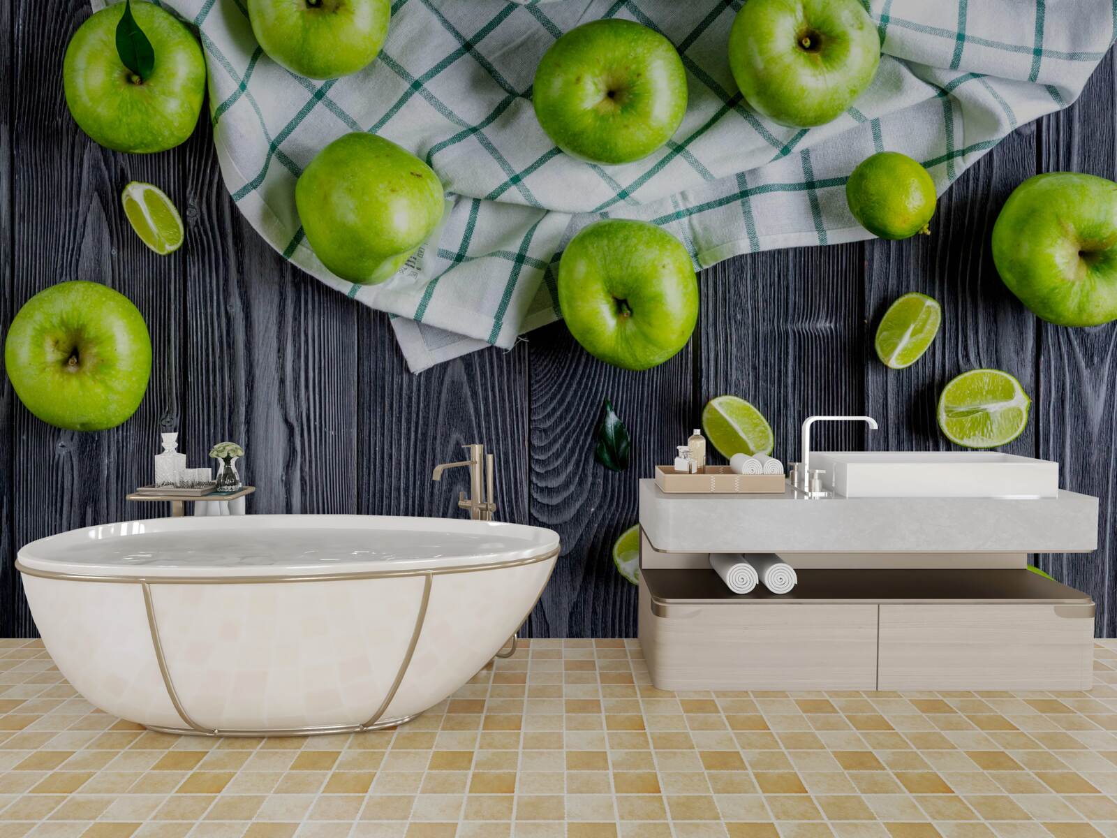 Fototapeta Na stole sú limetky a zelené jablká