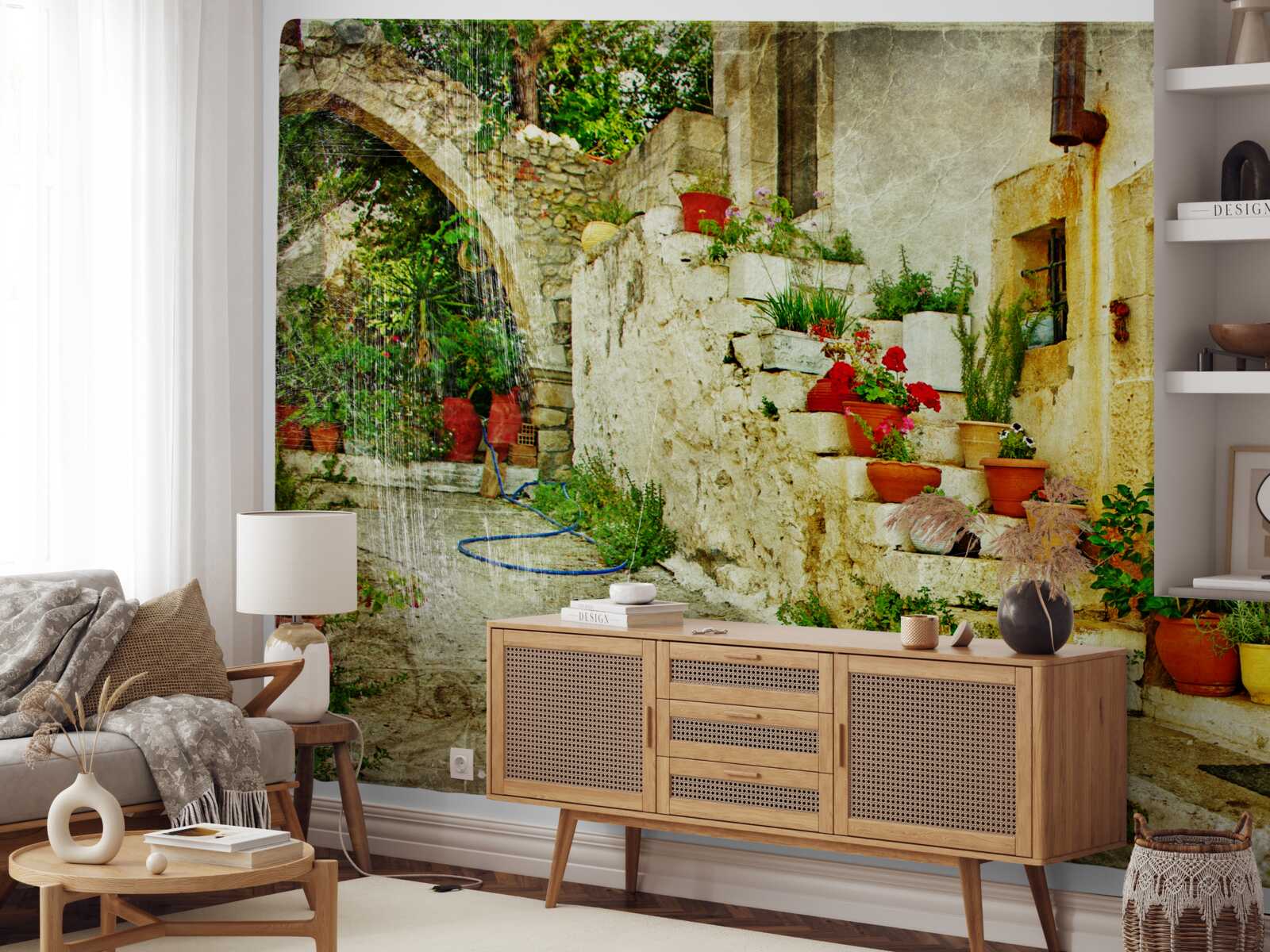 Fototapeta kvetináče na kamenných schodoch