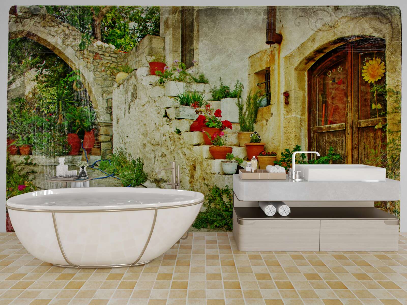 Fototapeta kvetináče na kamenných schodoch