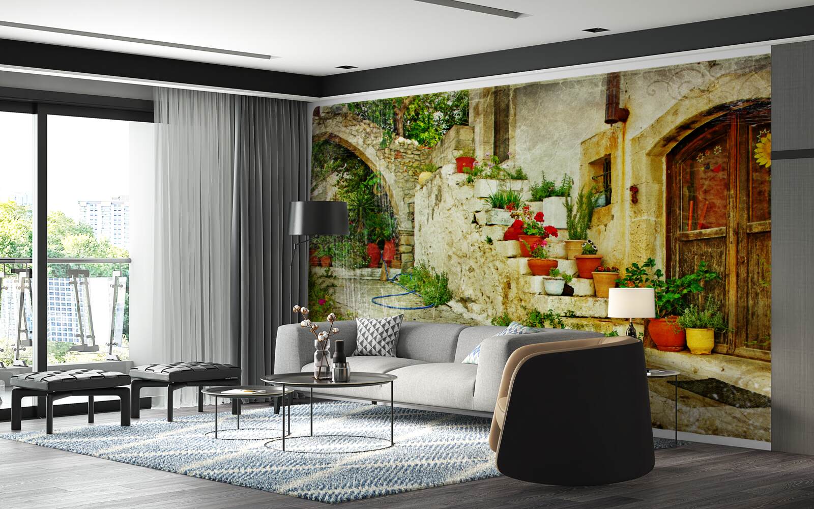 Fototapeta kvetináče na kamenných schodoch