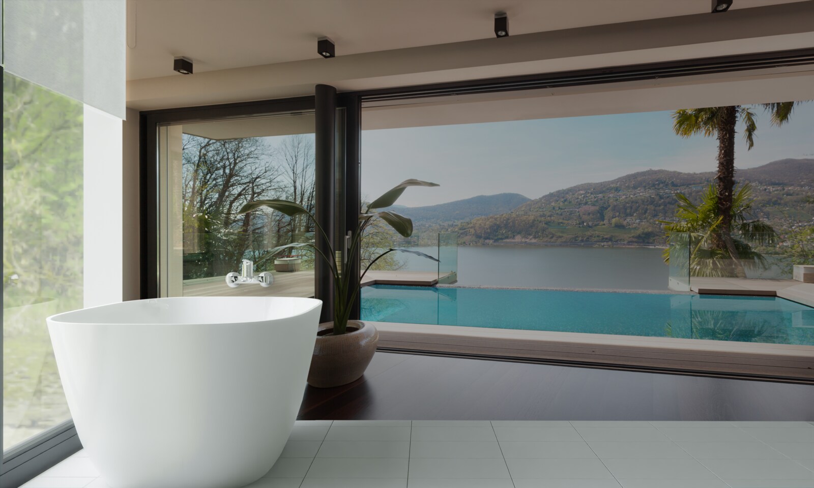 Fototapeta exkluzívny bazén s panoramatickým výhľadom na pohorie