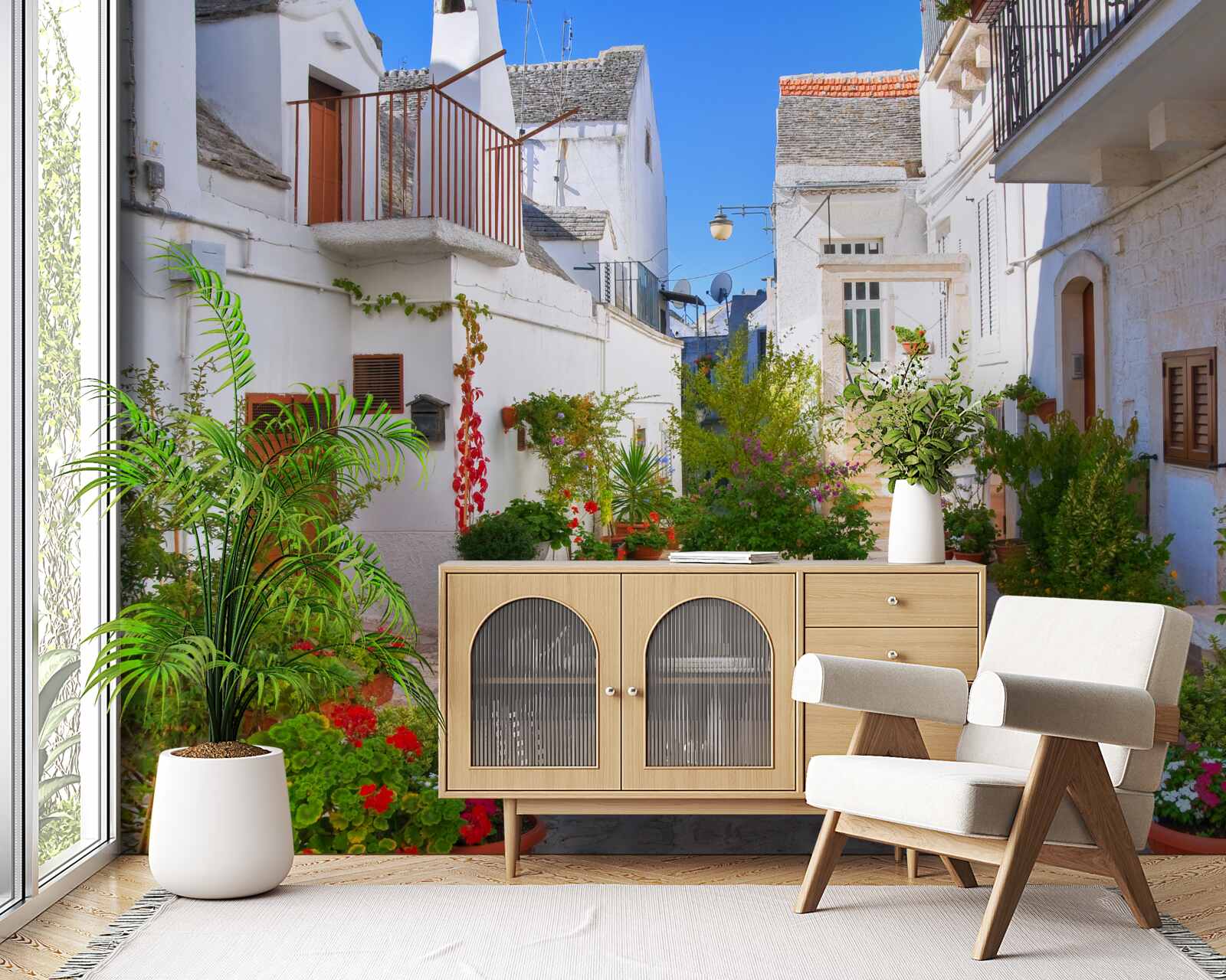 Fototapeta Santorini ulica, ponorená do zelene