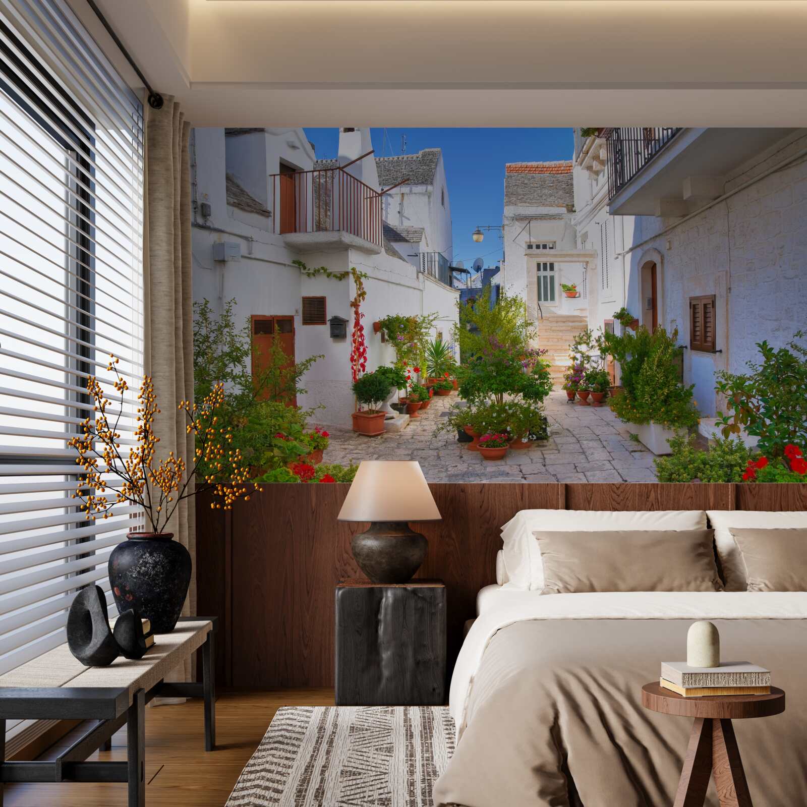 Fototapeta Santorini ulica, ponorená do zelene