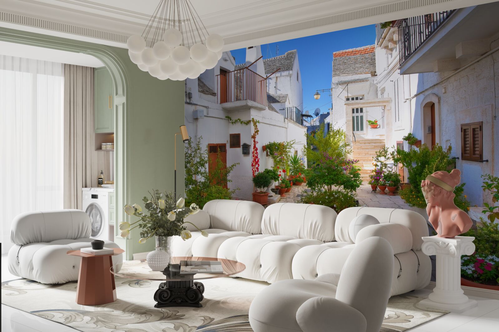 Fototapeta Santorini ulica, ponorená do zelene