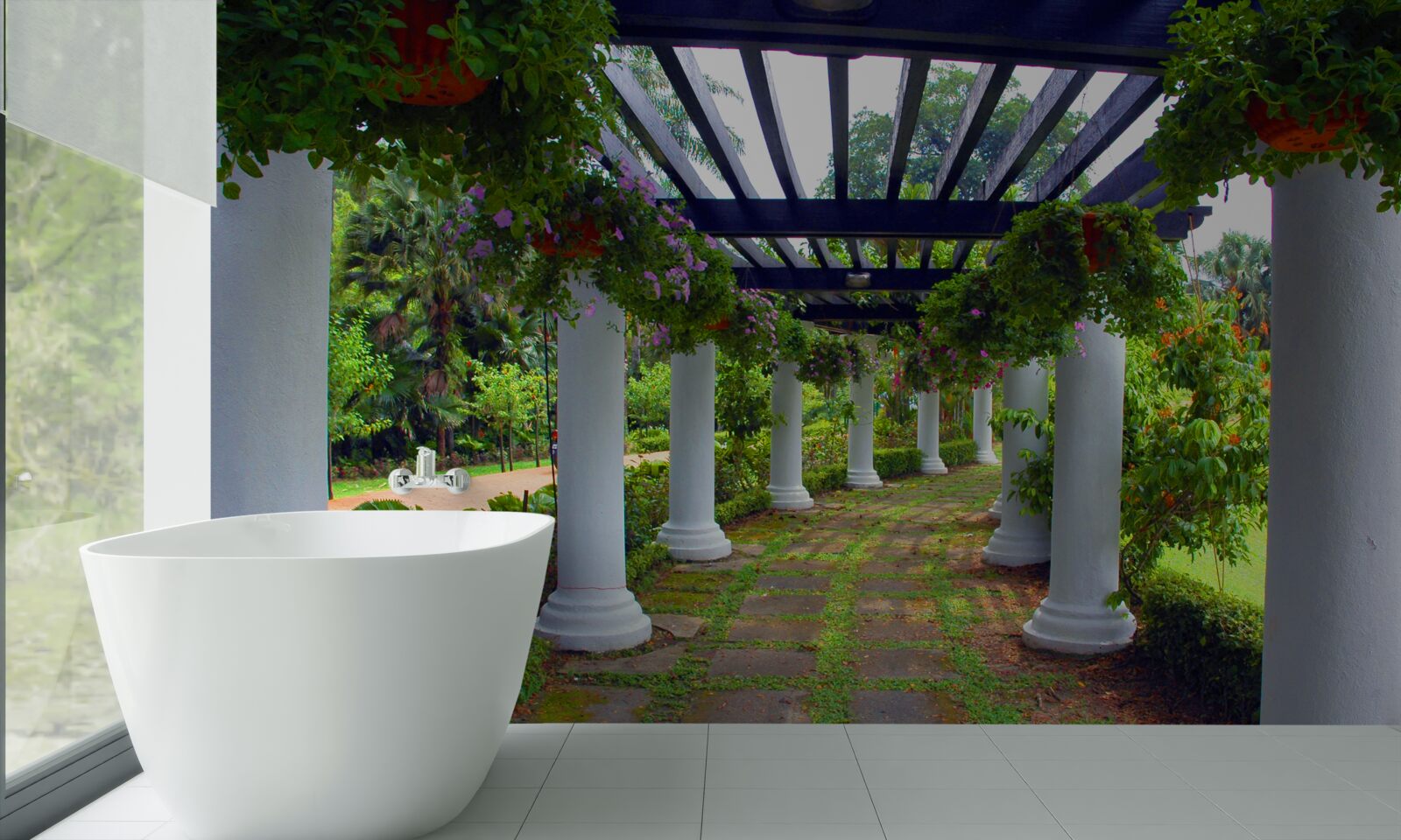 Fototapeta biele betónové stĺpy v záhrade