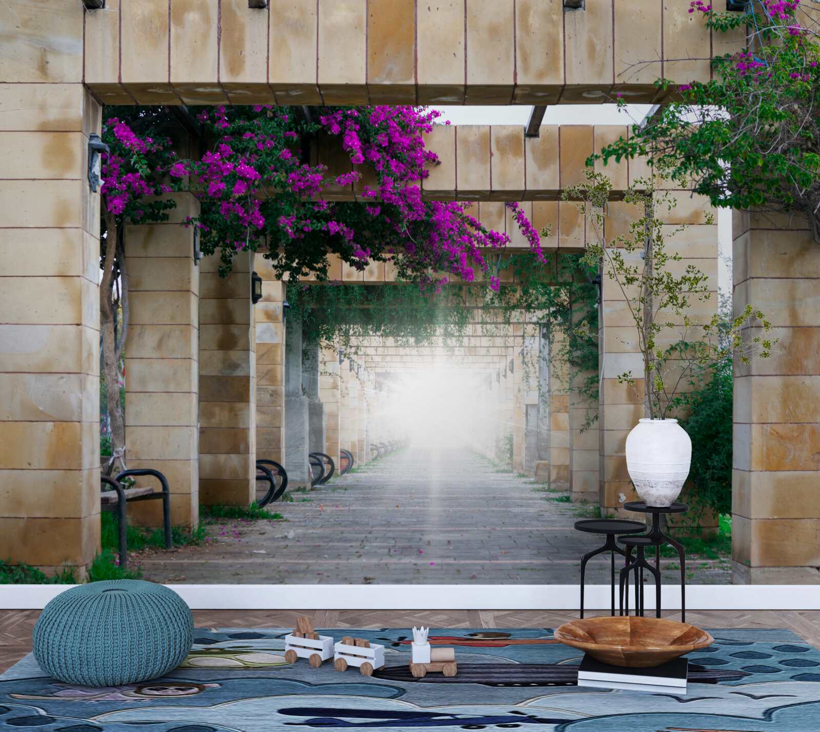 Fototapeta obdĺžnikový oblúk z kameňa, zdobený kvetmi