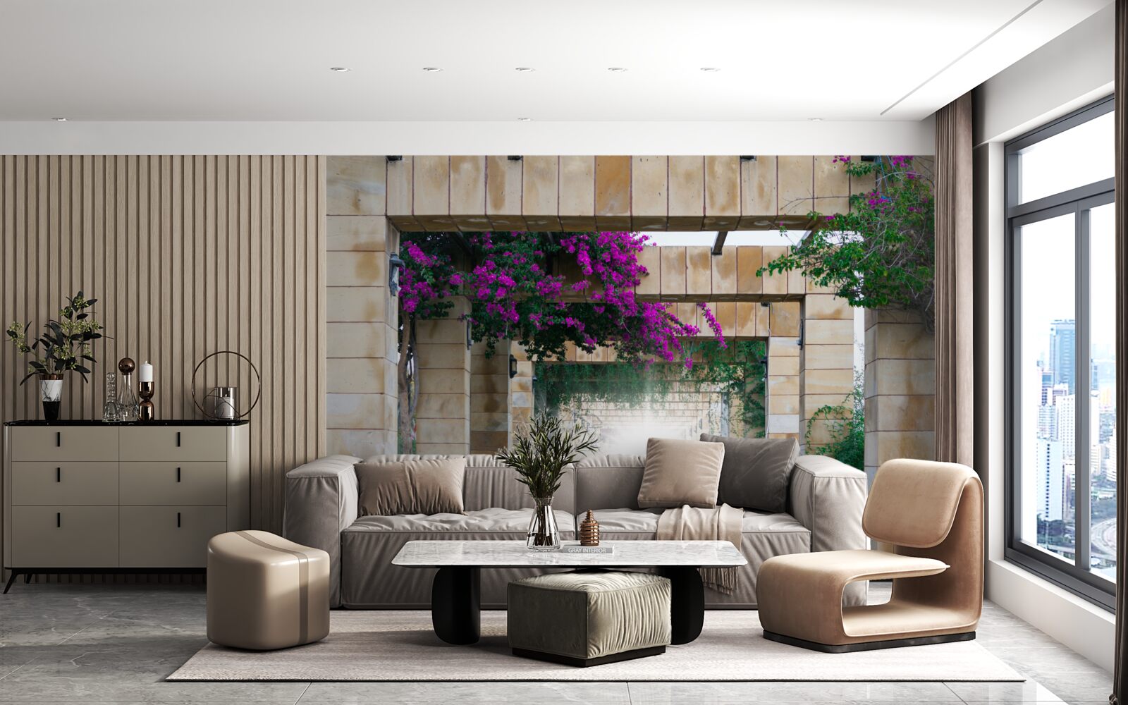 Fototapeta obdĺžnikový oblúk z kameňa, zdobený kvetmi