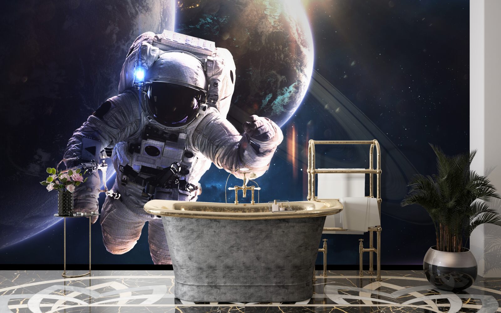 Fototapeta astronaut pózuje pred Jupiterom