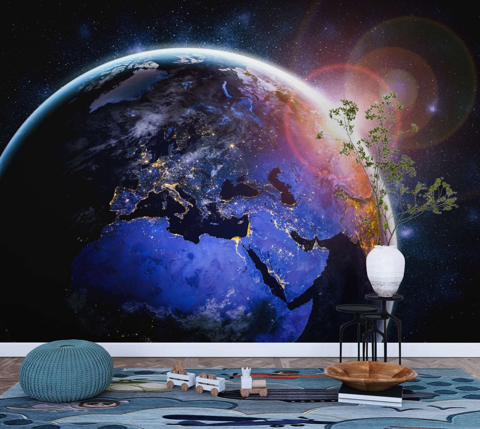 Fototapeta slnko zapadá vo svojom jasnom svetle nad planétou