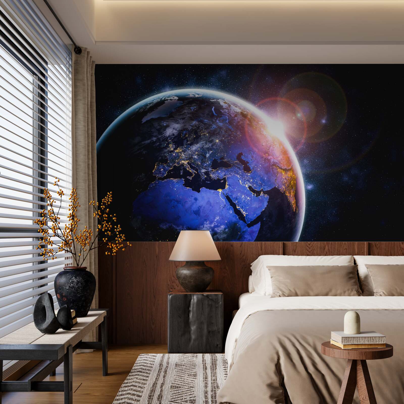 Fototapeta slnko zapadá vo svojom jasnom svetle nad planétou