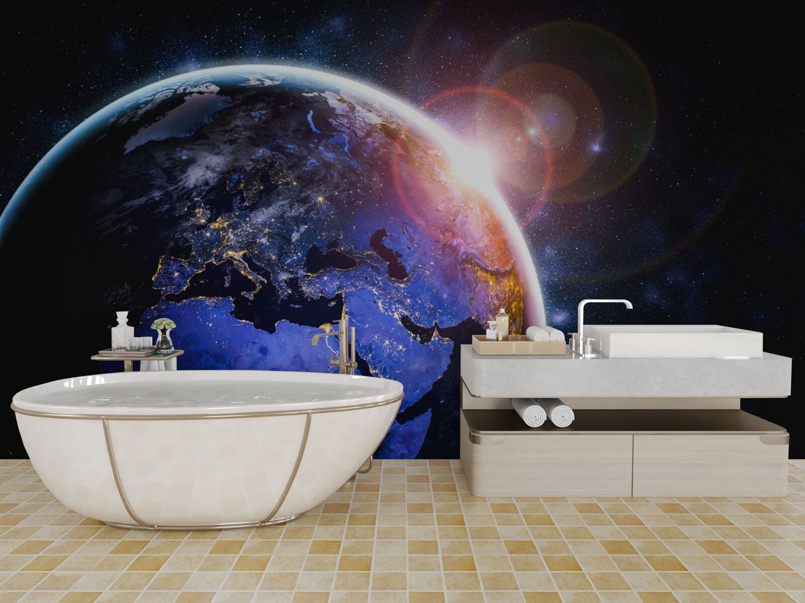 Fototapeta slnko zapadá vo svojom jasnom svetle nad planétou