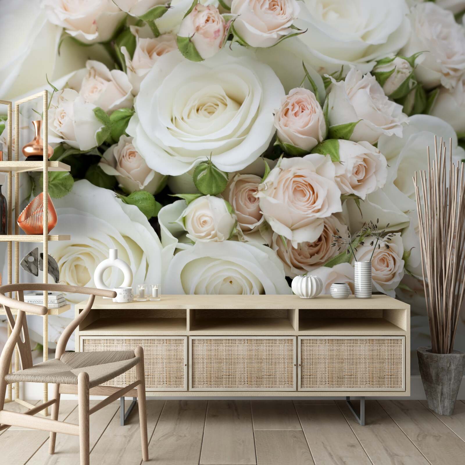 Fototapeta kytica obsahuje béžové a biele striekané ruže