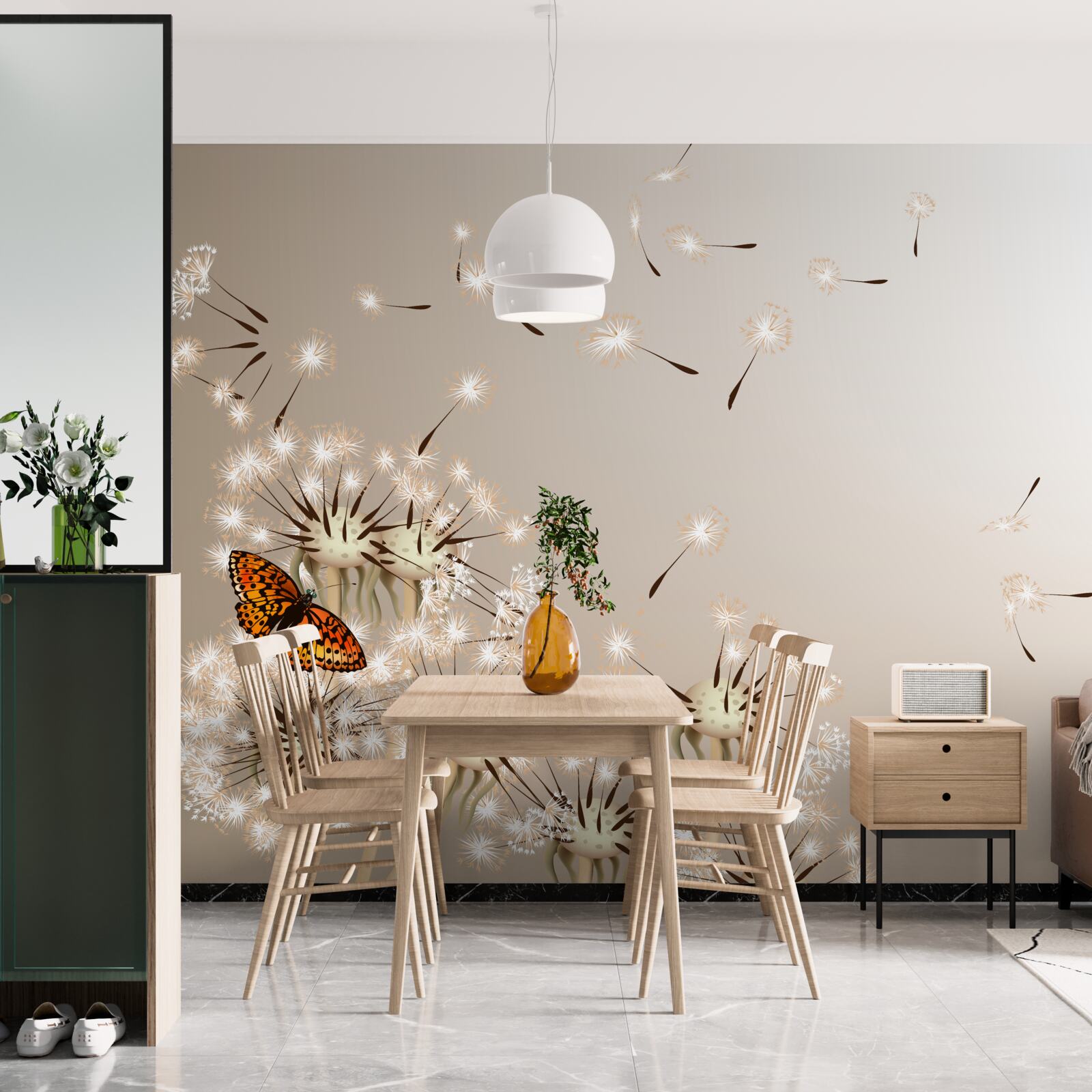 Fototapeta motýľ na jemných púpavách