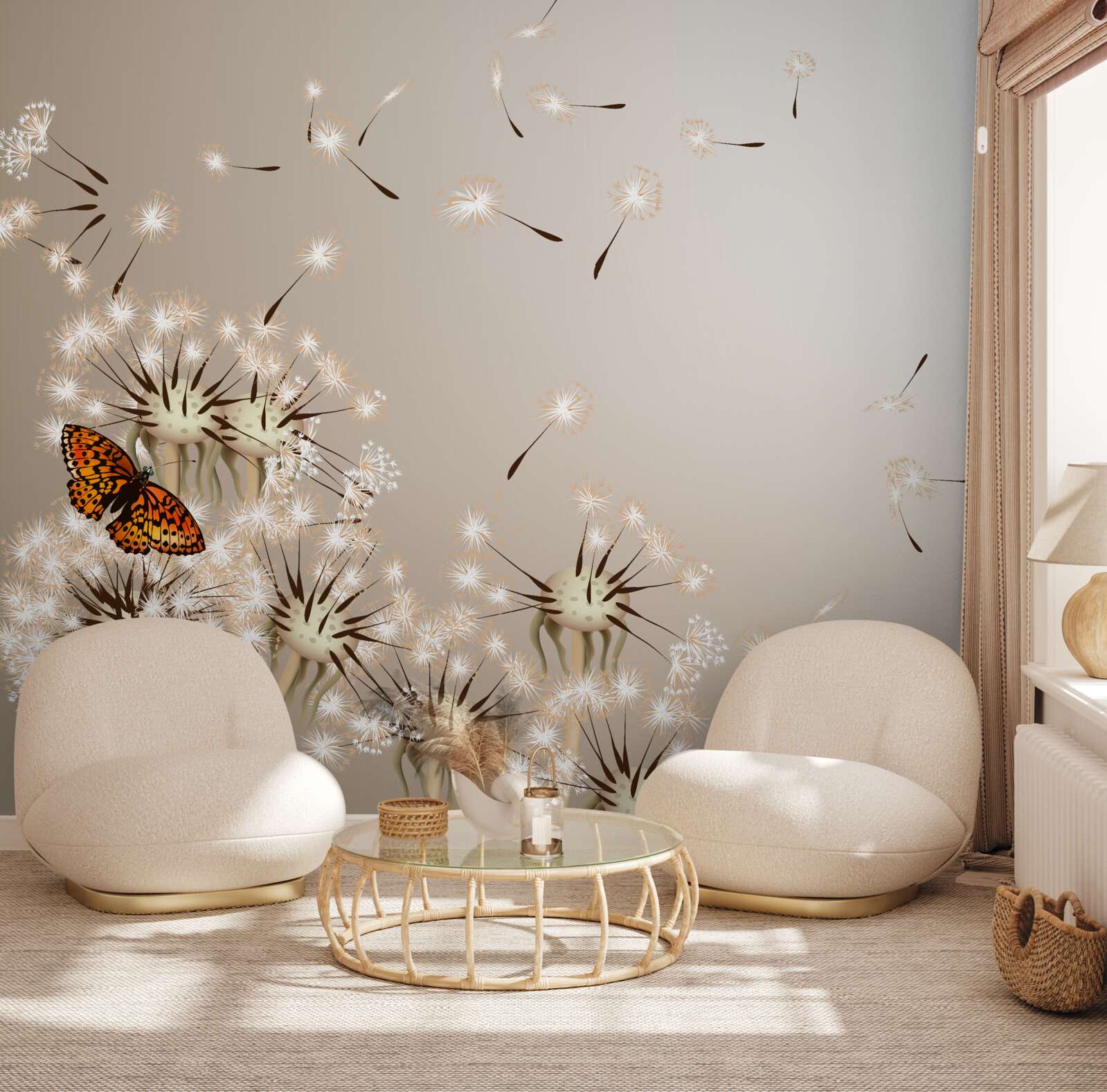 Fototapeta motýľ na jemných púpavách