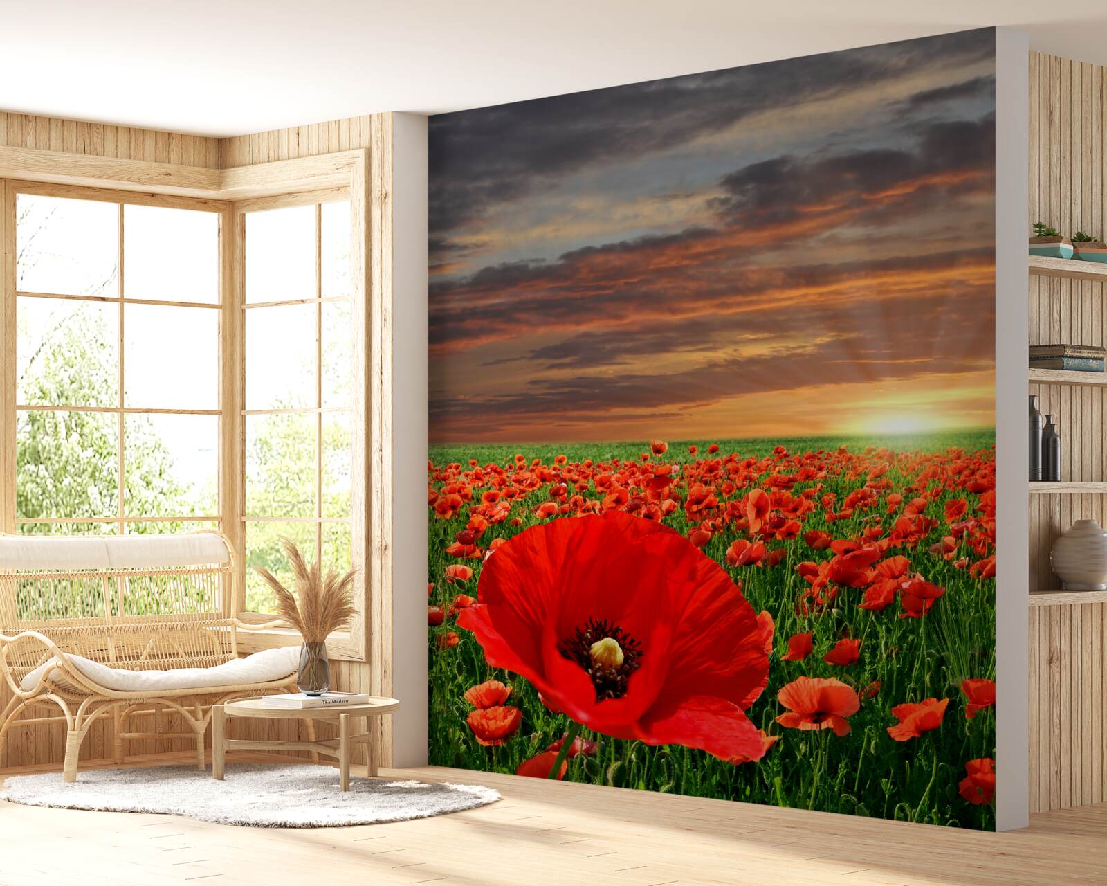 Fototapeta západ slnka nad poľom šarlátových makov