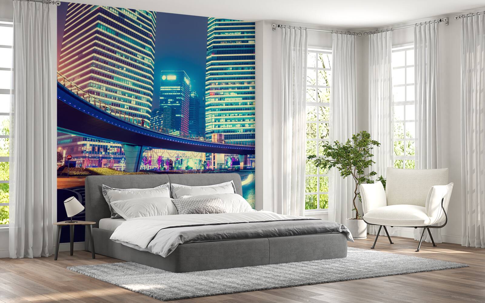 Fototapeta nočné mesto s mrakodrapmi a mostom