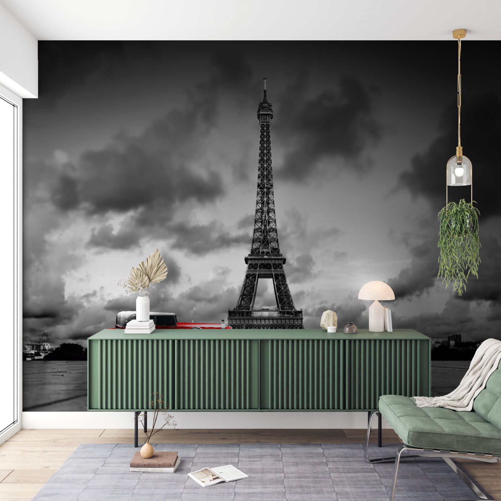 Fototapeta červené auto vedľa Eiffelovej veže