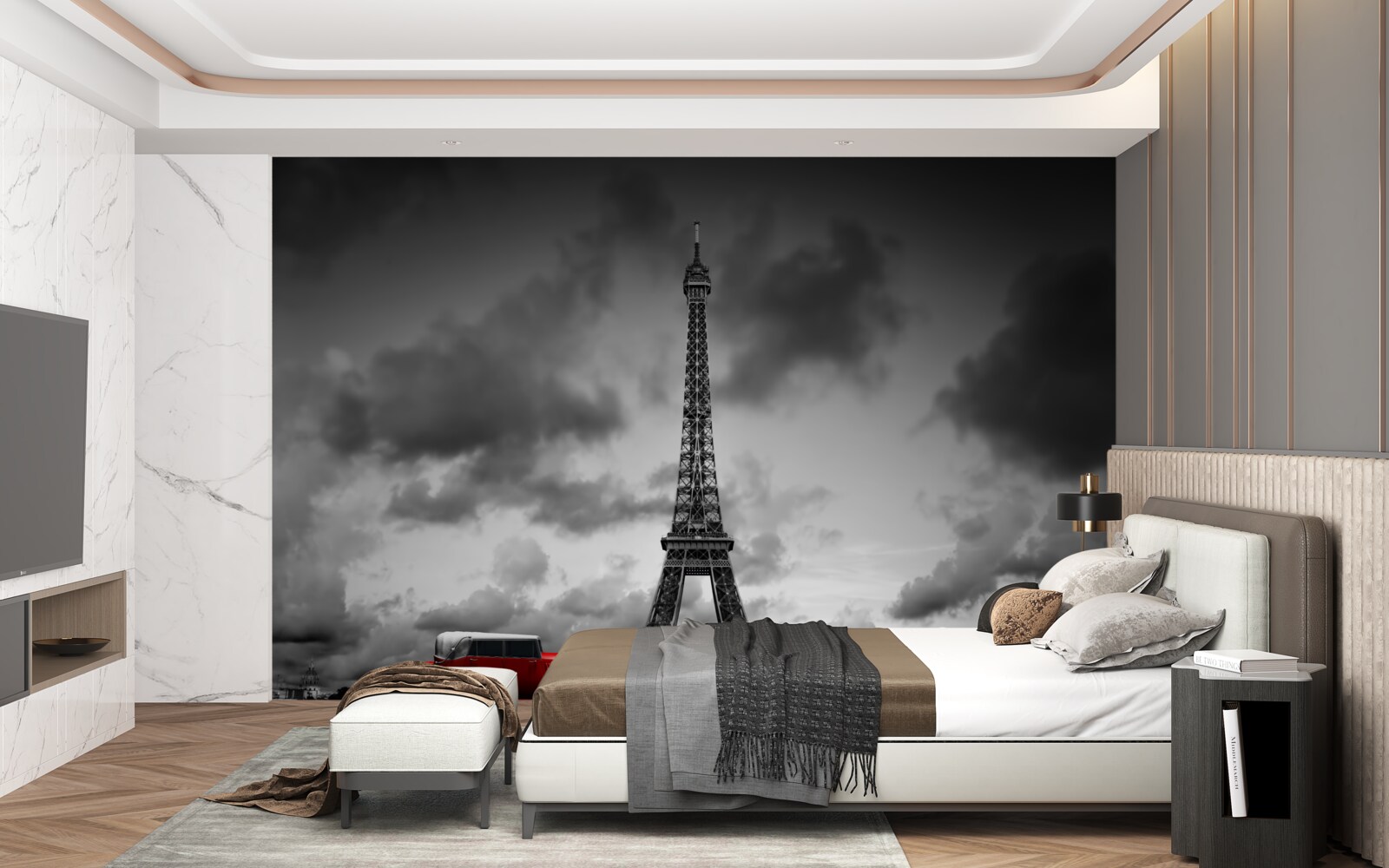 Fototapeta červené auto vedľa Eiffelovej veže