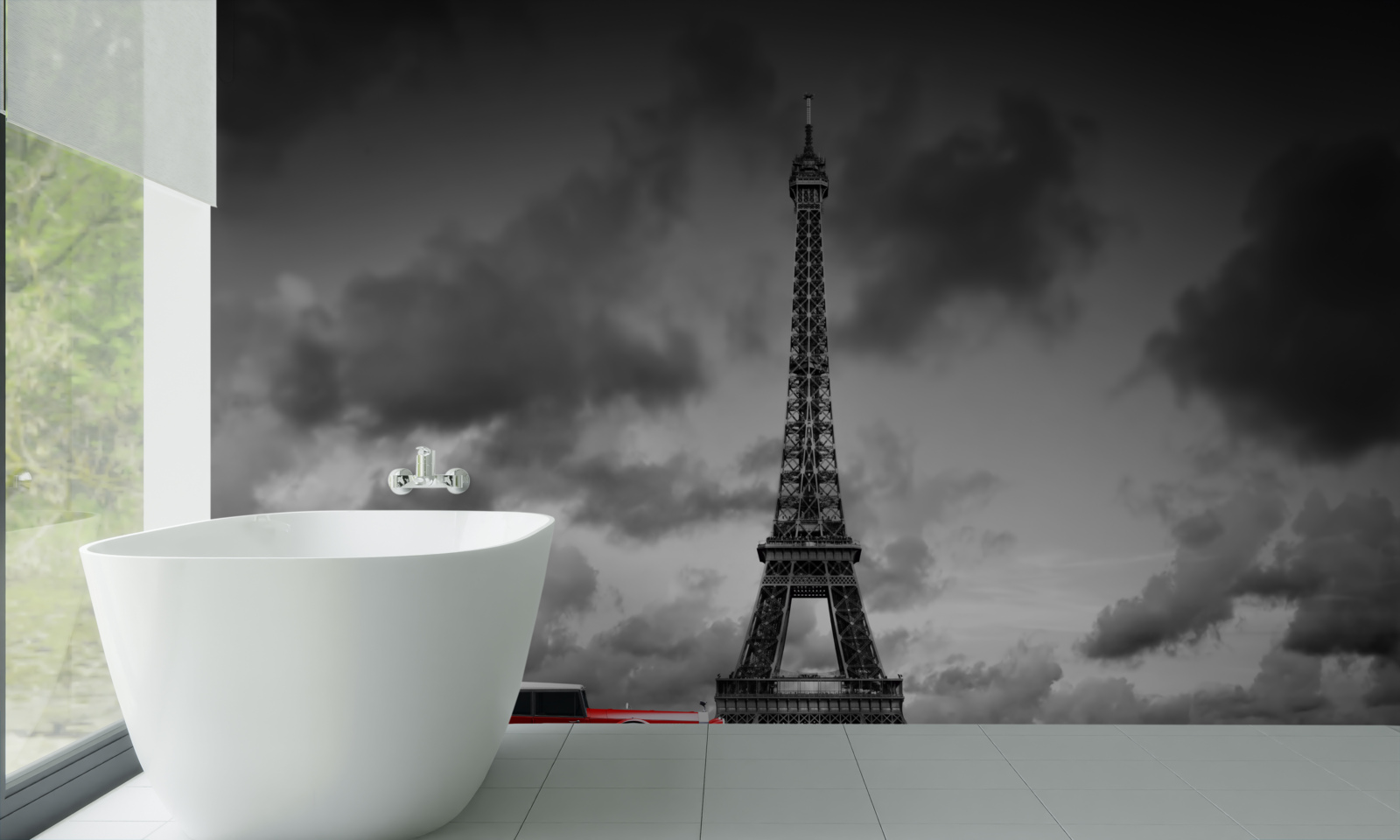 Fototapeta červené auto vedľa Eiffelovej veže