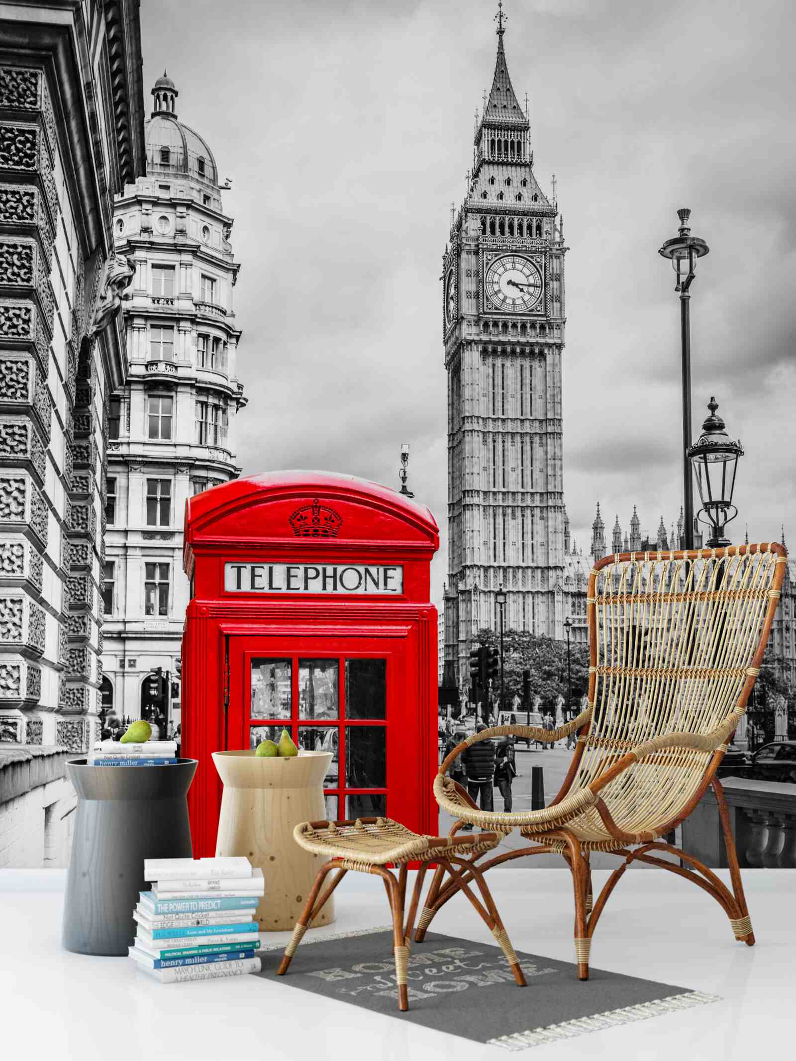 Fototapeta v pozadí červená telefónna búdka pred Big Benom