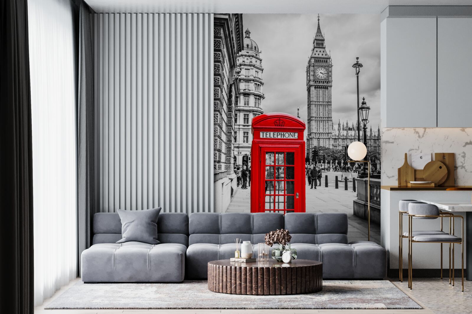 Fototapeta v pozadí červená telefónna búdka pred Big Benom