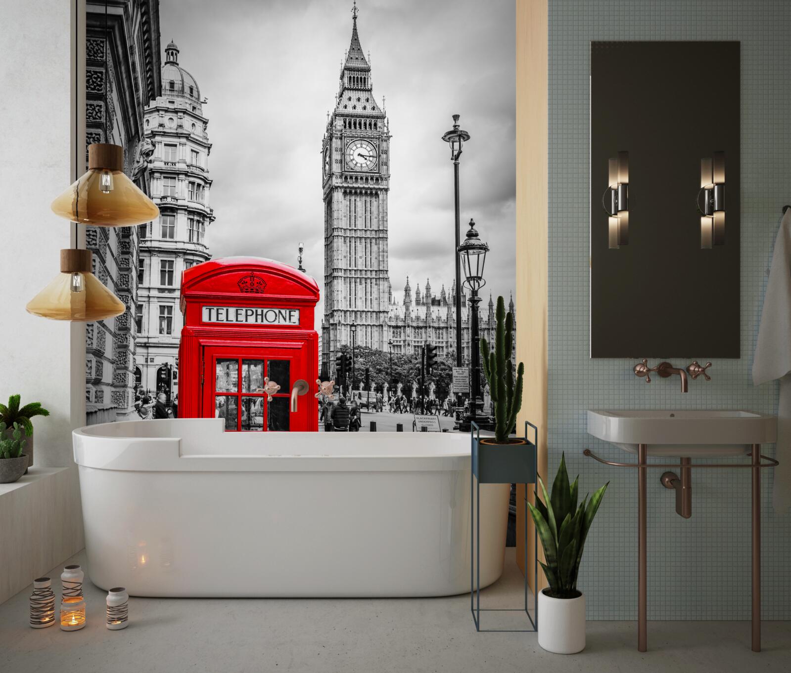 Fototapeta v pozadí červená telefónna búdka pred Big Benom