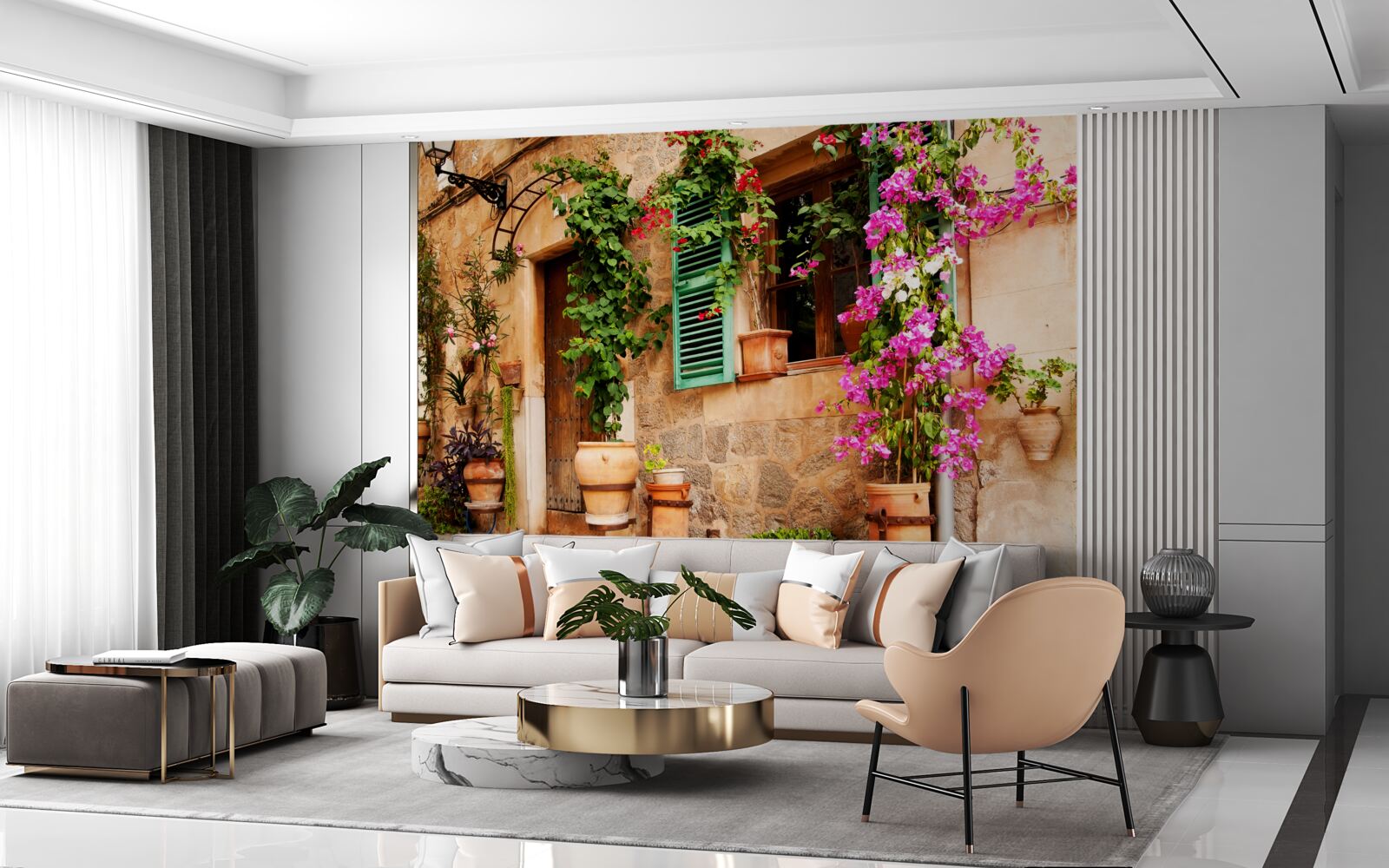 Fototapeta rastliny v nádobách na starodávnom chodníku