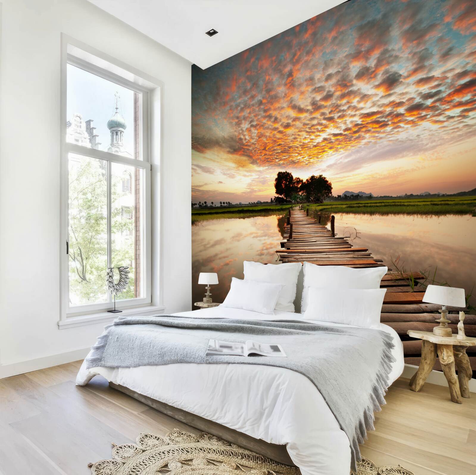 Fototapeta drevené mólo na jazere v zapadajúcom slnku