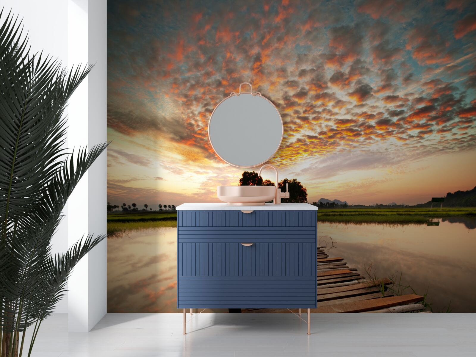 Fototapeta drevené mólo na jazere v zapadajúcom slnku