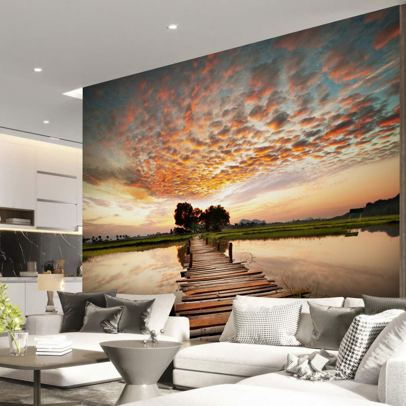 Fototapeta drevené mólo na jazere v zapadajúcom slnku