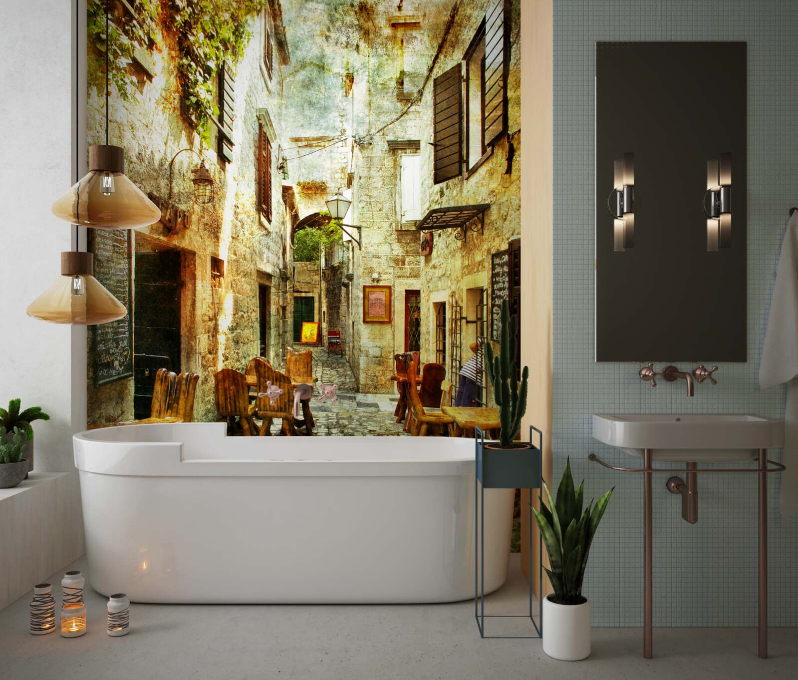 Fototapeta pohodlná, tichá kaviareň v historickej časti mesta