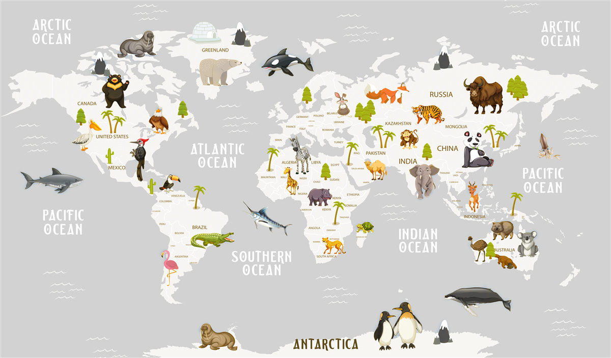 Fototapeta mapa zobrazujúca voľne žijúce zvieratá