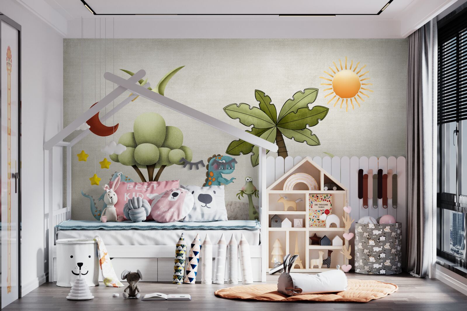 Fototapeta malé kreslené dinosaury v zelených húštinách