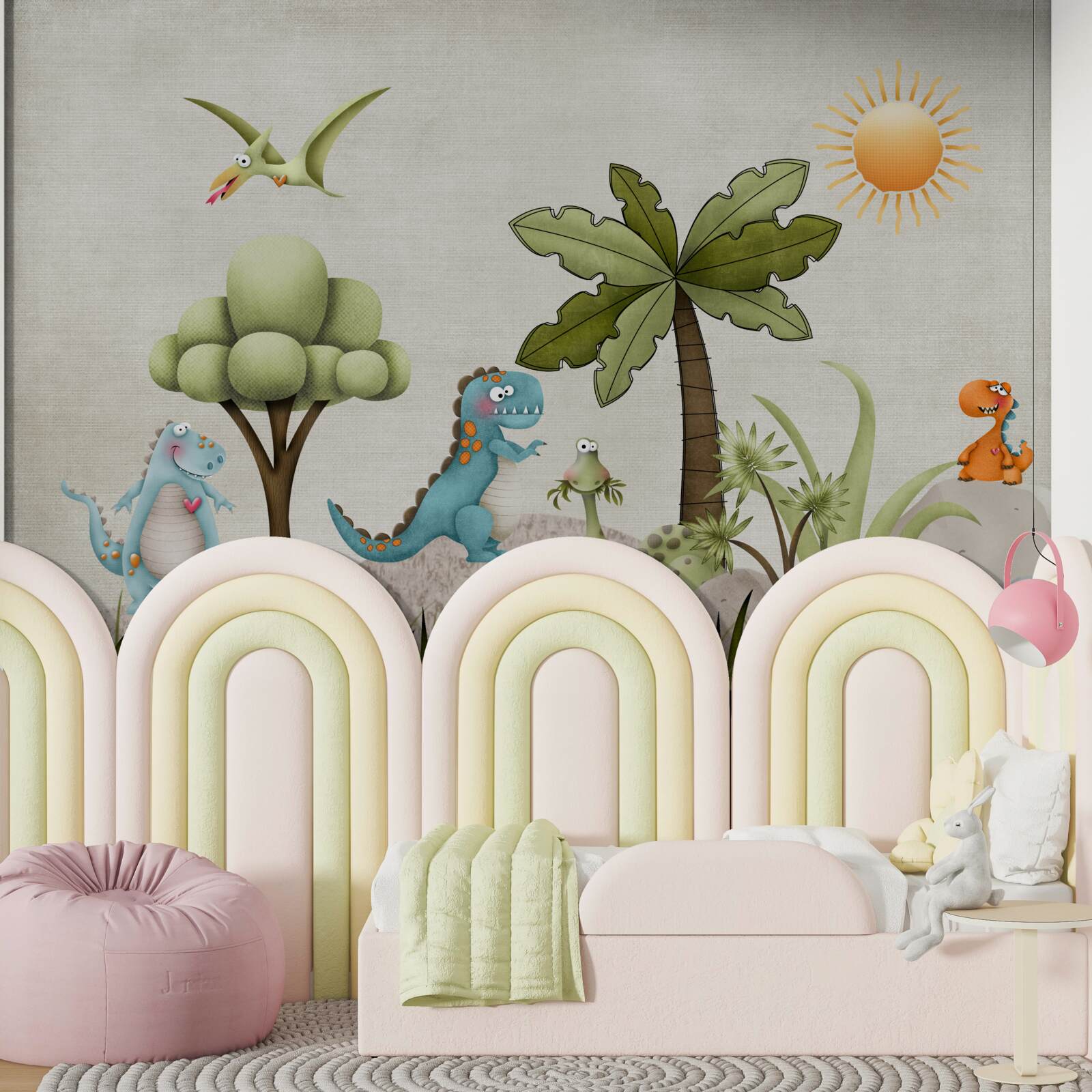 Fototapeta malé kreslené dinosaury v zelených húštinách