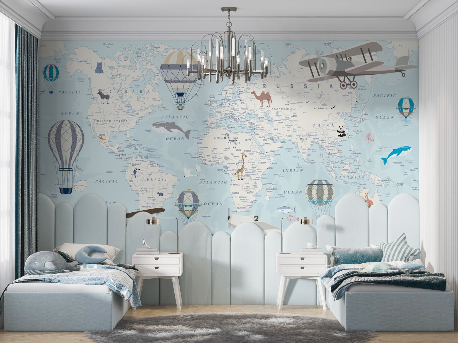 Fototapeta mapa s detailmi, vyhotovená v svetlomodrej farbe