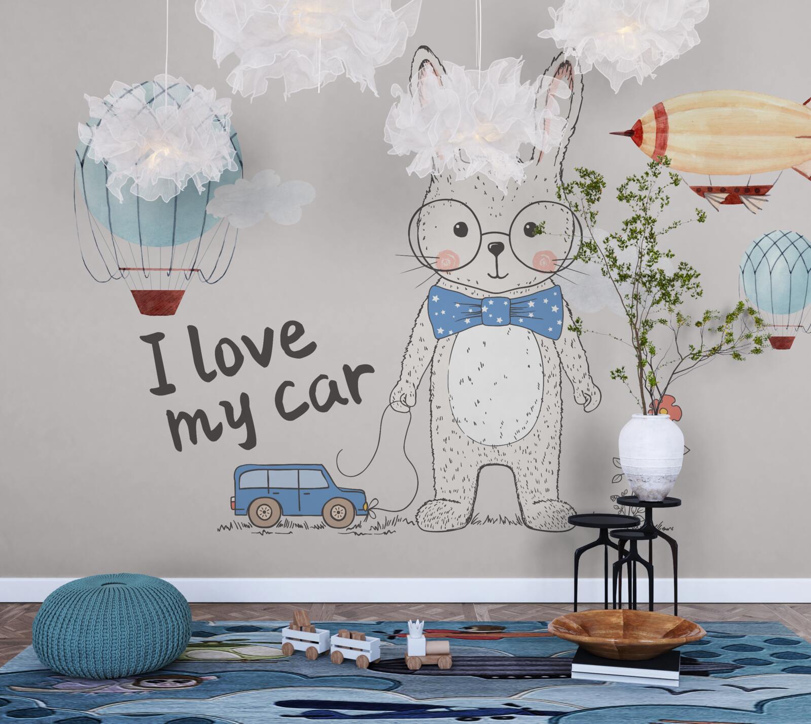 Fototapeta zajac s okuliarmi na pozadí vozidiel