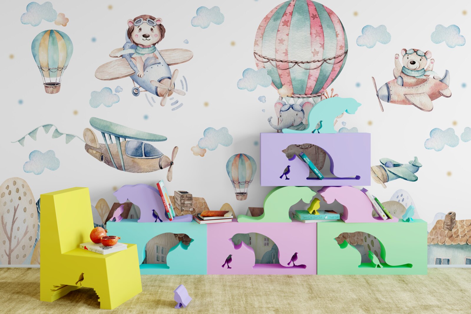 Fototapeta mesto, nad ktorým lietajú zvieratá