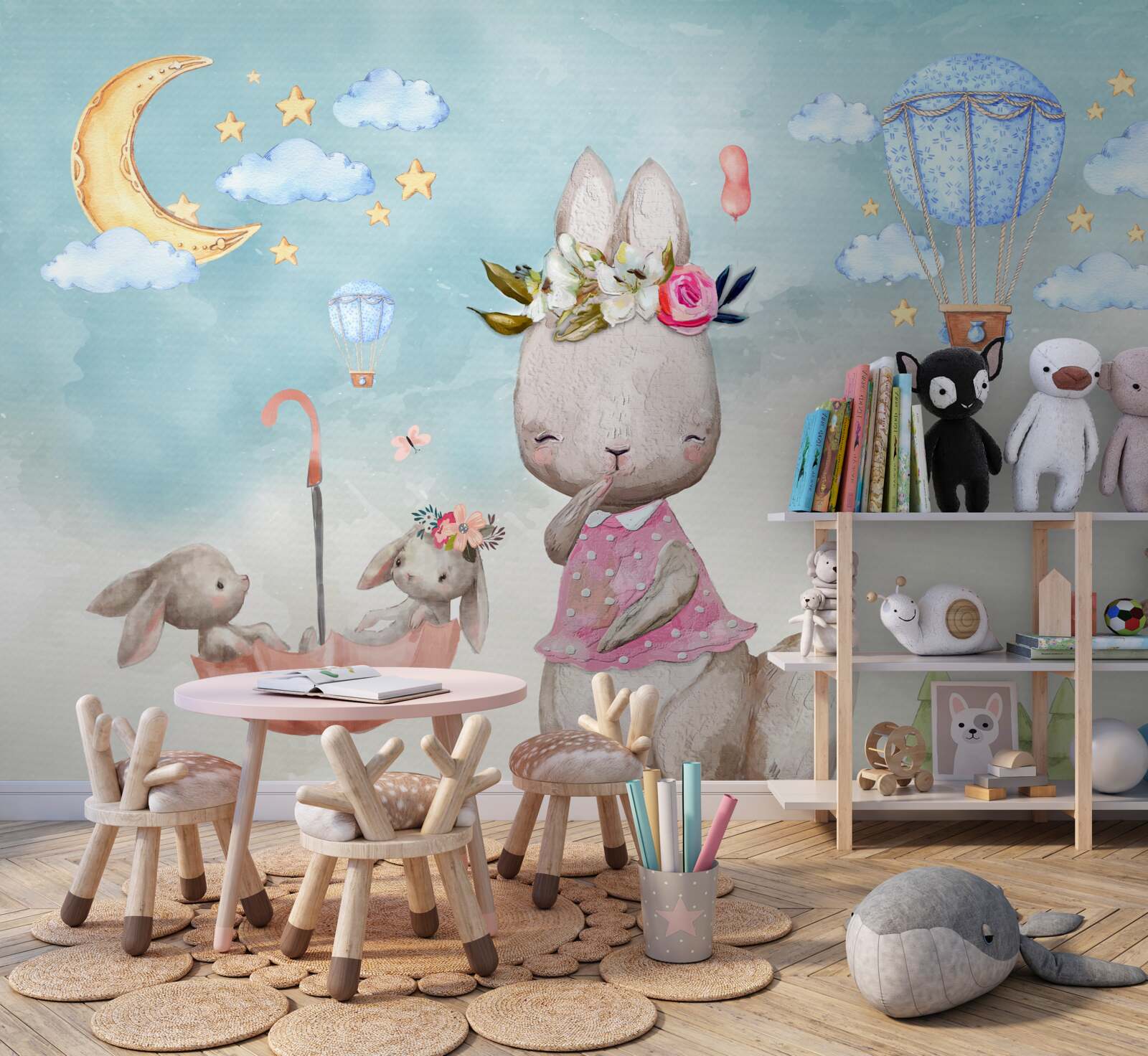 Fototapeta zajac s deťmi v dáždniku