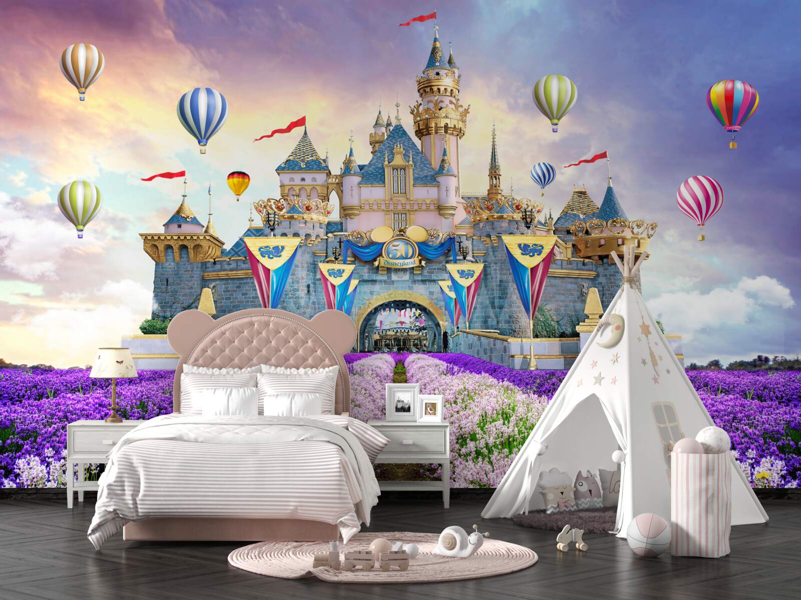 Fototapeta polia s levanduľou na pozadí čarovného hradu