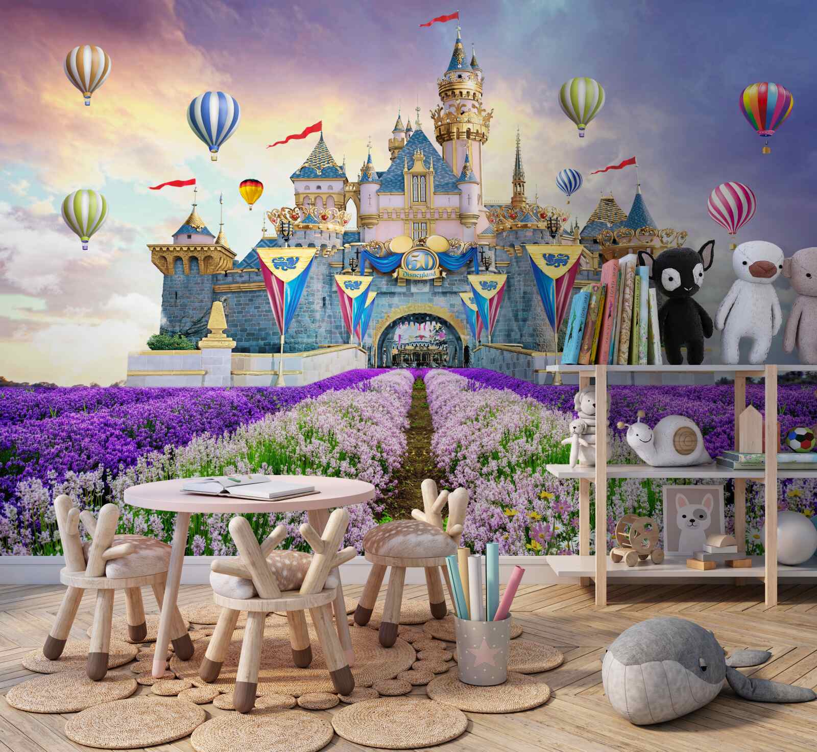 Fototapeta polia s levanduľou na pozadí čarovného hradu